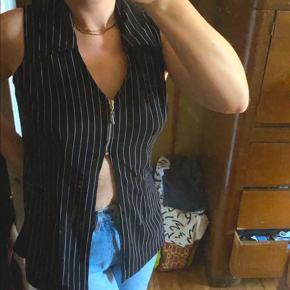 Vintage pinstripe half zip crop peekaboo suit top